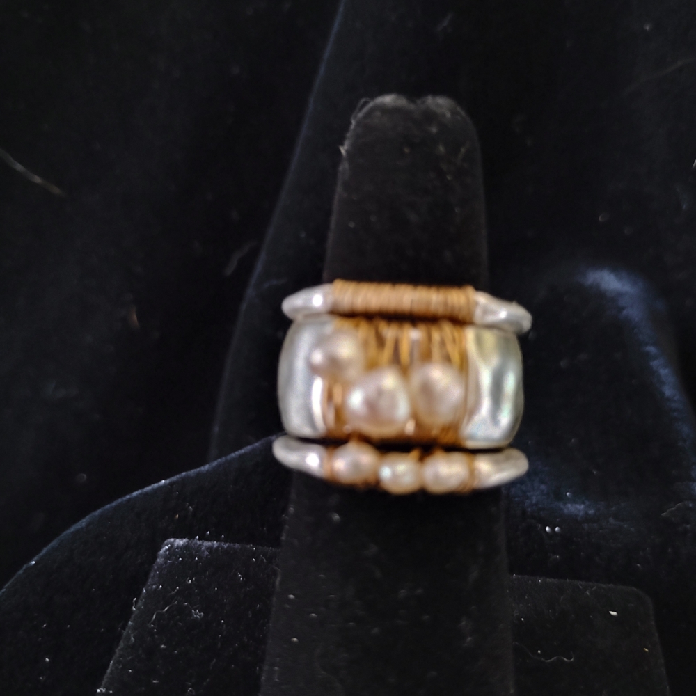 Set Of 3 Silver and Gold Stack Rings w Faux Pearls Costume